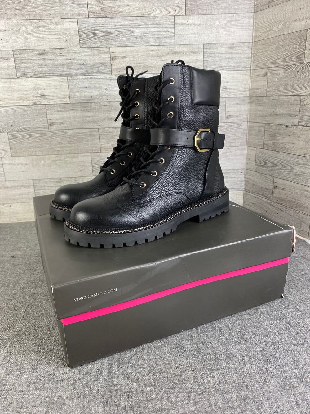 New VINCE CAMUTO LEATHER Combat Boots Gold Accents 6.5M